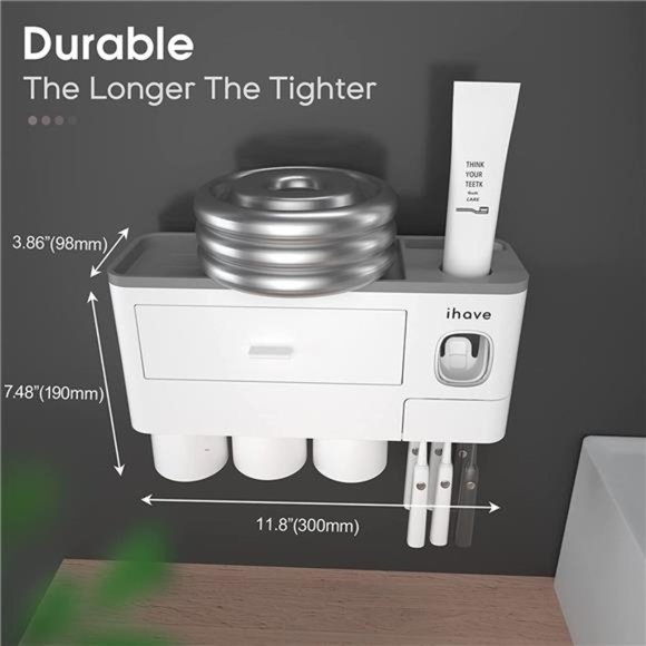 3 Cups Toothbrush Holder Wall Mounted with Toothpaste Dispenser, White